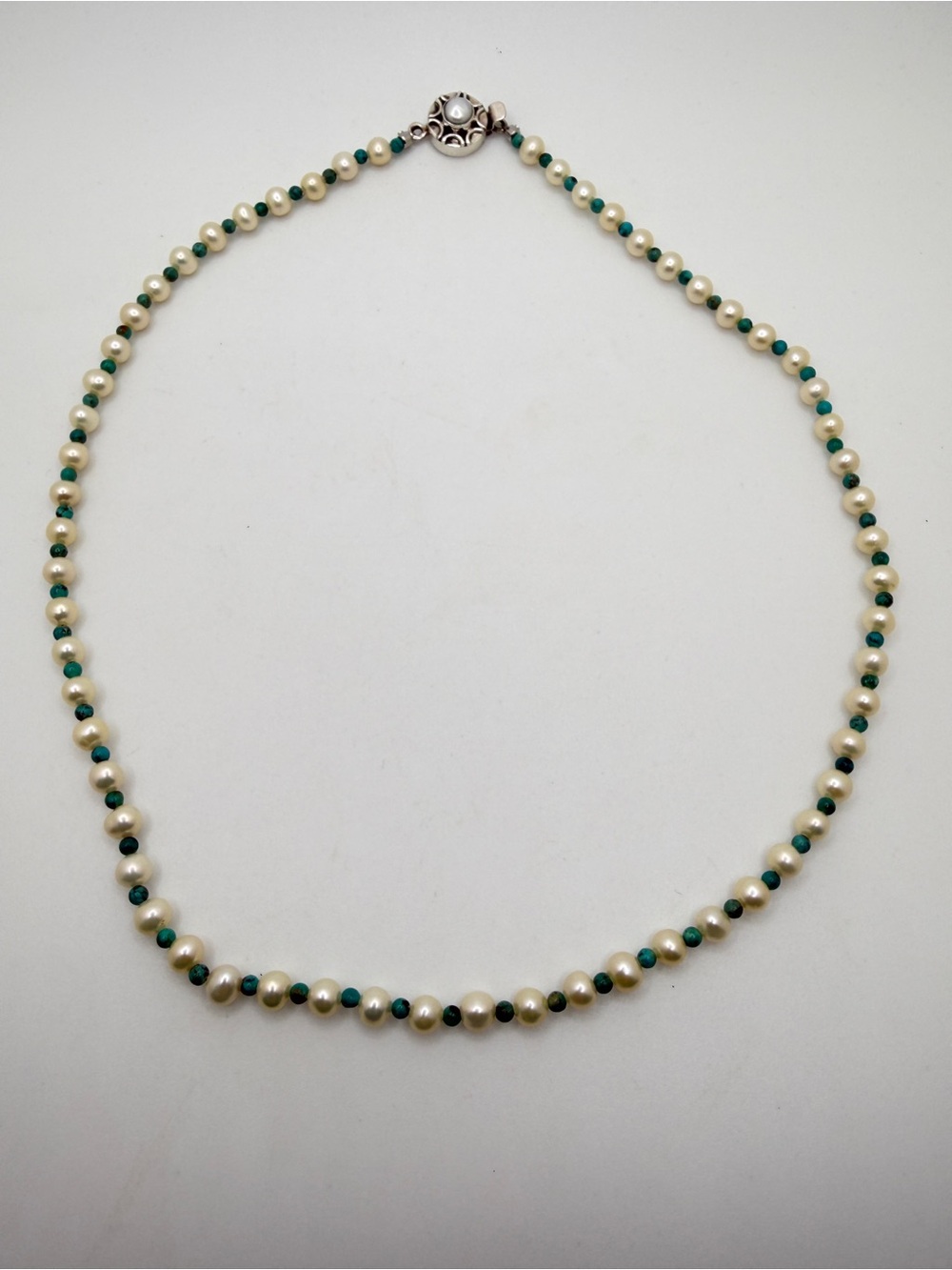 20" NWOT 5mm Cultured pearls and 3mm Turquoise beaded necklace w/ 925 clasp!